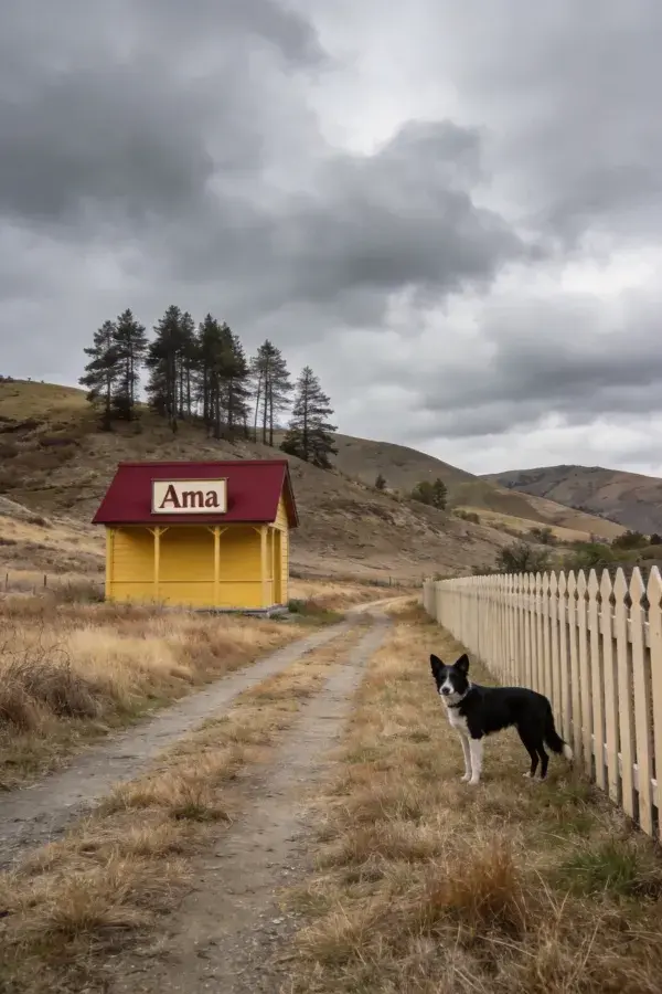 阴天下的边境牧羊犬与黄色小屋场景