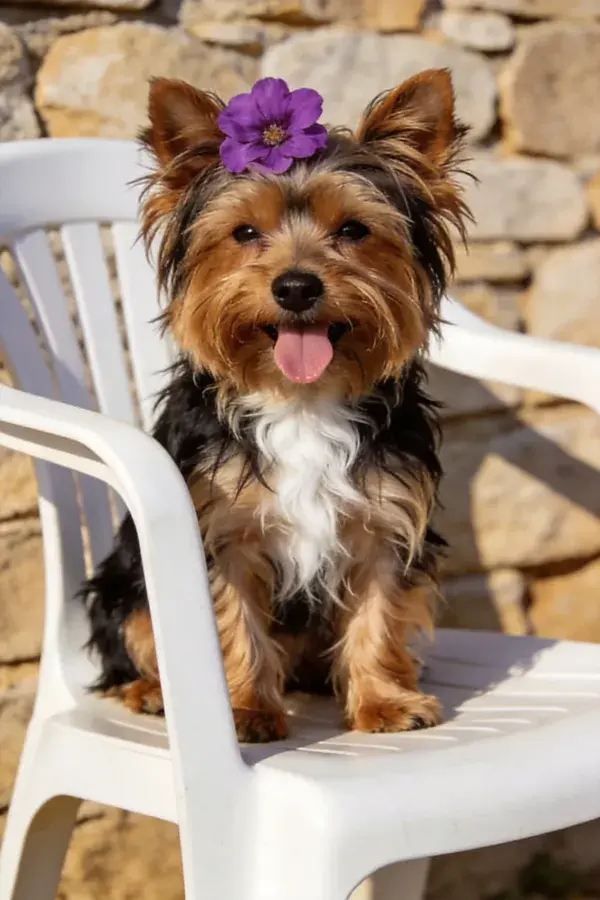 约克夏梗犬戴紫色花朵坐于白色塑料椅