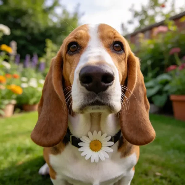 巴吉度猎犬戴着白色雏菊花饰项圈，眼神温和注视镜头方向，毛发整洁柔软。