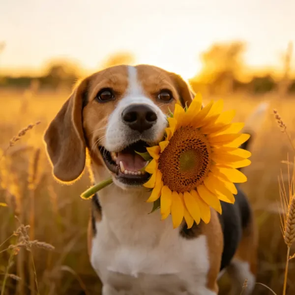 一只比格犬正叼着明黄色的向日葵,白色的毛发与鲜艳的花朵形成鲜明对比。