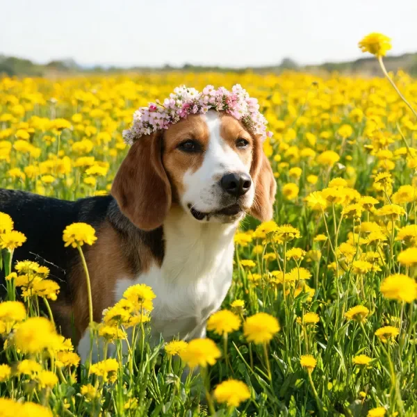 比格犬戴着由粉色和白色小花组成的花环，站在满是黄色花朵的田野中，三色相间的被毛清晰可见。