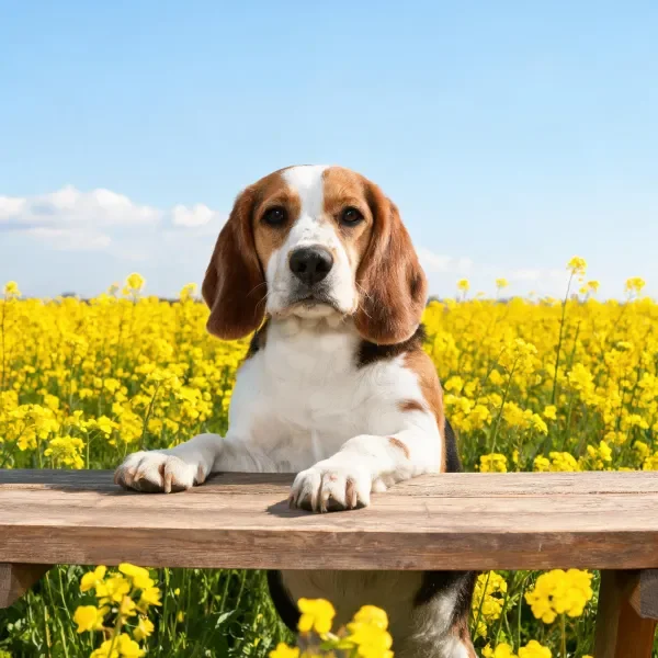 比格犬有着三色皮毛，前爪搭在木质桌面上，背景是大片明黄色花卉。