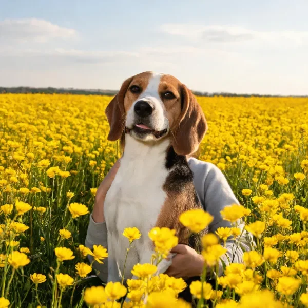 一只比格犬有着棕白相间的皮毛,正被人抱着,周围是盛开的黄色小花。