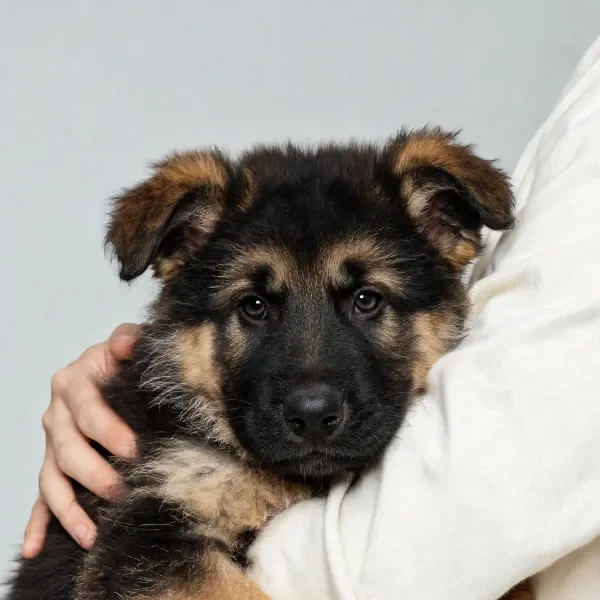 德国牧羊犬幼犬安静地被人抱着,黑棕色相间的毛发柔软贴附在怀中。