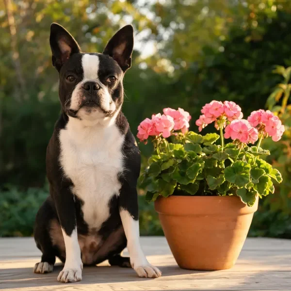 波士顿梗犬安静地坐在陶制花盆旁，黑白相间的毛发清晰，身旁粉色花卉绽放。