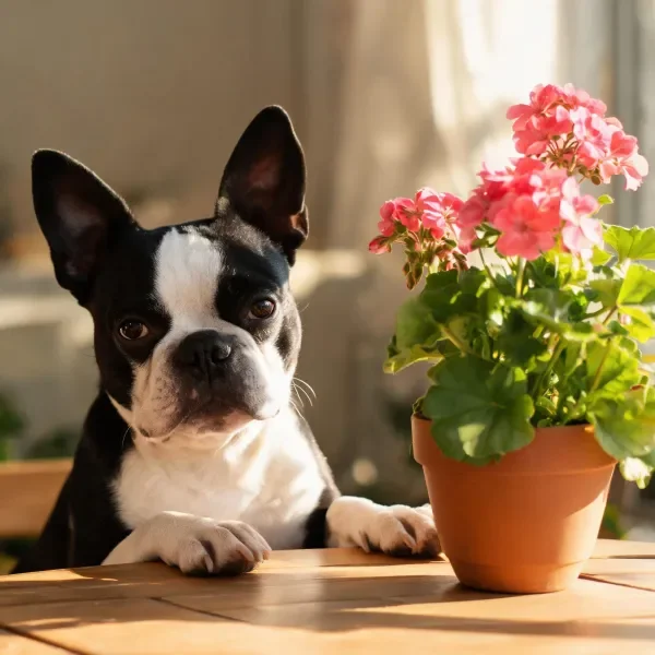 波士顿犬黑白相间的皮毛，前爪搭放在木桌上，身旁是盛开着粉色花朵的盆栽。