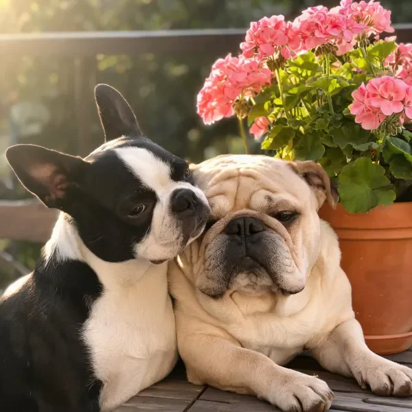 波士顿犬与英国斗牛犬阳光下的花卉旁