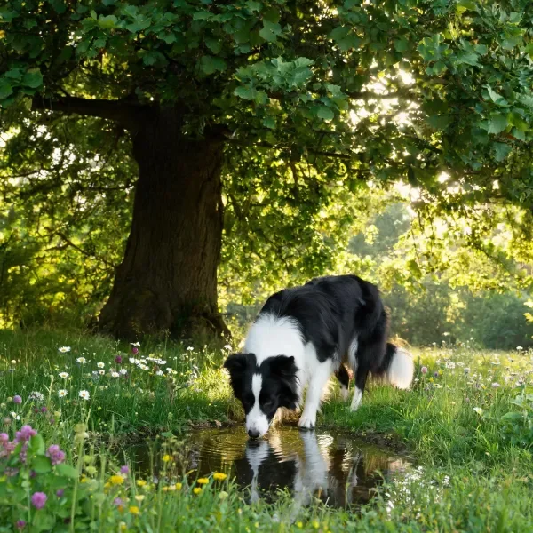 林荫下草地溪边的边境牧羊犬饮水场景