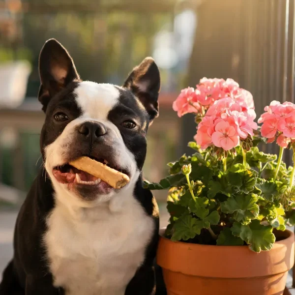 波士顿梗犬叼着物品，黑白相间的短毛清晰可见，身旁粉色花卉绽放。