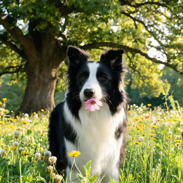 边境牧羊犬嘴里叼着粉色花朵,黑白相间的毛发清晰可见,处于阳光照射下的花草环境中。