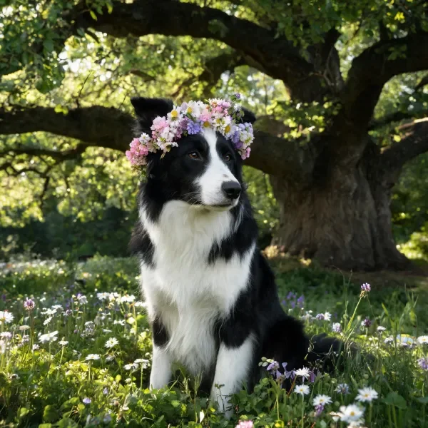 边境牧羊犬戴着由多种鲜花组成的花环，黑白相间的毛发清晰可见，身处花草环绕的环境中。