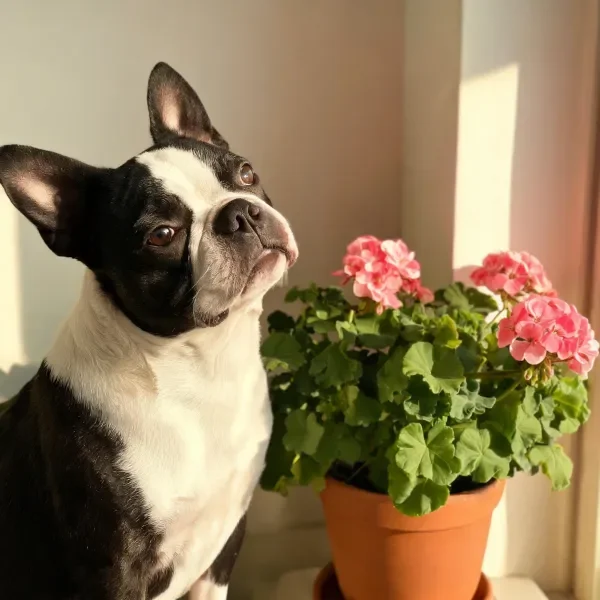 波士顿犬黑白相间的毛发在柔和光线照射下,正安静地注视着旁侧开着粉色花朵的盆栽花卉。