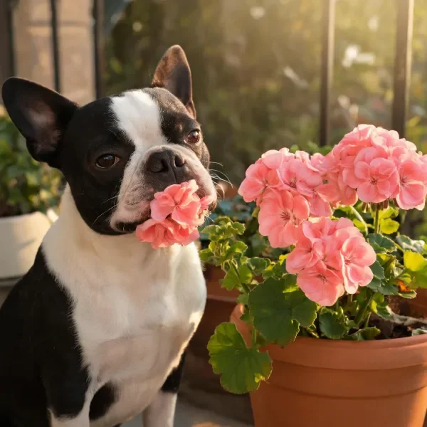 波士顿梗犬叼着粉色花卉,黑白相间的毛发与柔美的花瓣形成鲜明对比。