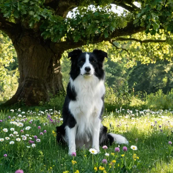 边境牧羊犬安静地坐着，黑白相间的被毛在阳光下清晰，周围是繁茂的花草。
