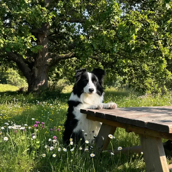 边境牧羊犬黑白相间的毛发搭在木质桌沿上,眼神平静注视镜头。