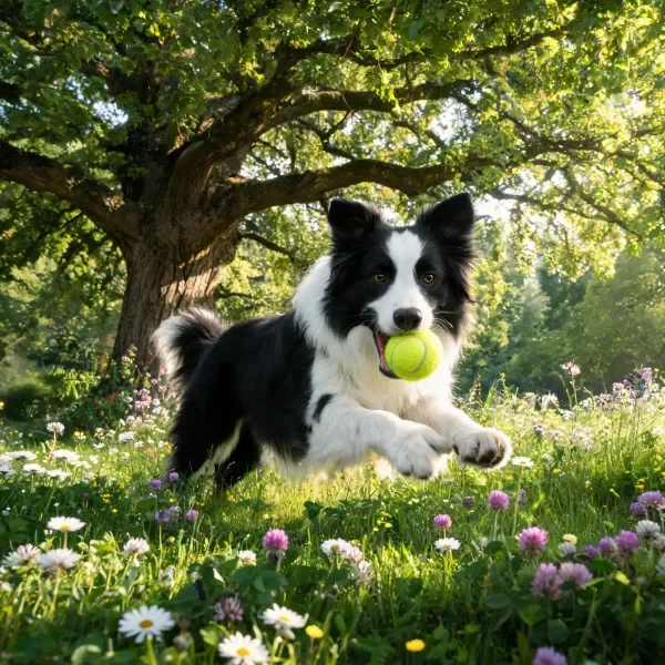 一只黑白相间的边境牧羊犬叼着黄色的网球奔跑，蓬松的毛发在阳光下清晰可见。