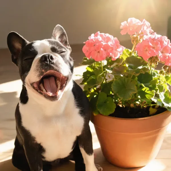 法国斗牛犬张着嘴,黑白相间的被毛在光下显得柔软,身旁粉色花卉绽放。