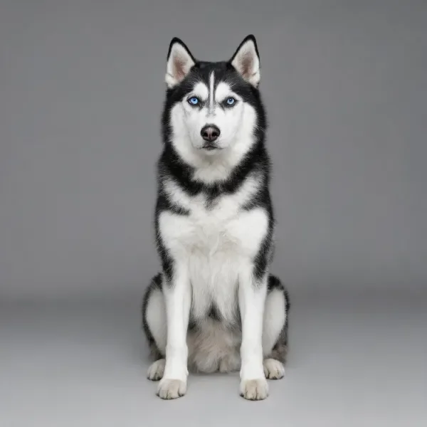 西伯利亚雪橇犬安静端坐，拥有黑白相间的毛发和清澈的蓝色眼睛。