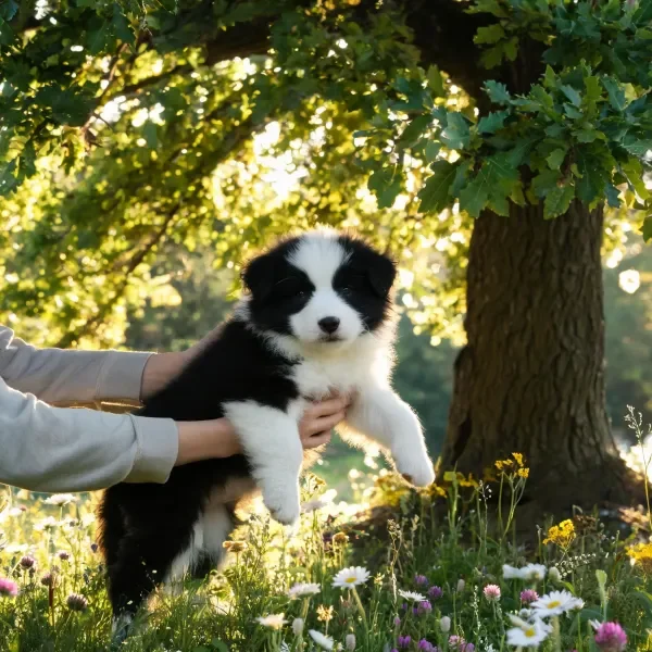 边境牧羊犬幼崽黑白相间的毛发清晰可见，被双手托举在花草间的场景。