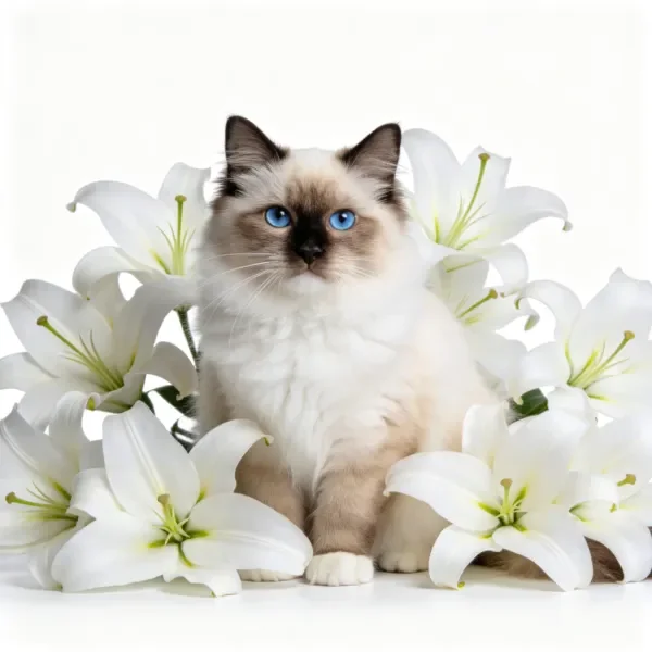 布偶猫与白色百合花的静物场景