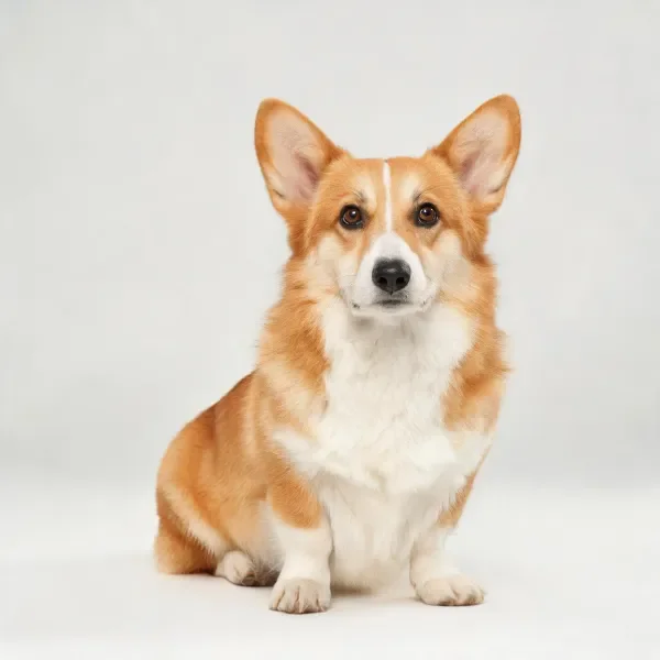 柯基犬坐在白色背景前,毛发呈现暖棕色与白色对比,眼神专注。