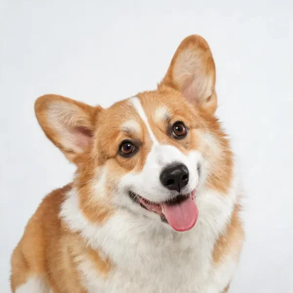 一只棕白相间的柯基犬,嘴巴张开露出舌头,耳朵竖立,毛发柔软蓬松。