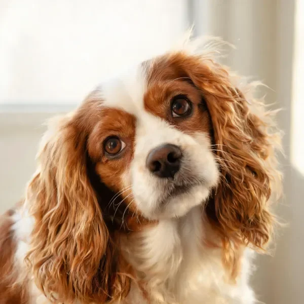 王查理王小猎犬有着棕白相间的毛发，长长的卷曲耳朵垂落，眼部明亮注视着镜头。