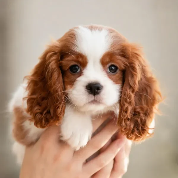 一只棕白相间的可卡幼犬,有着卷曲蓬松的耳朵和清澈的眼睛。