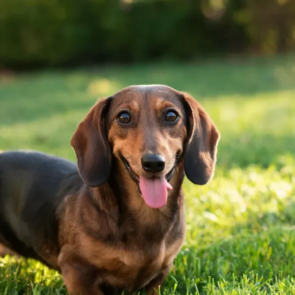 腊肠犬吐着粉红色的舌头,棕黑色皮毛在阳光下显得格外光滑。