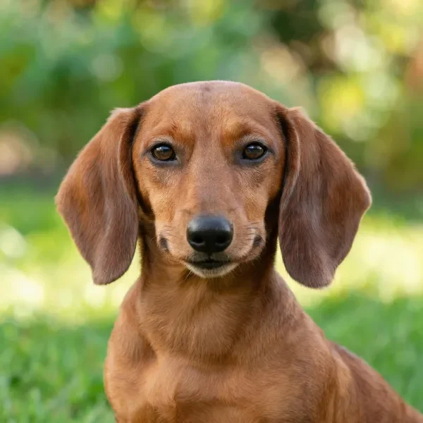 静态特写的棕色腊肠犬在户外场景中