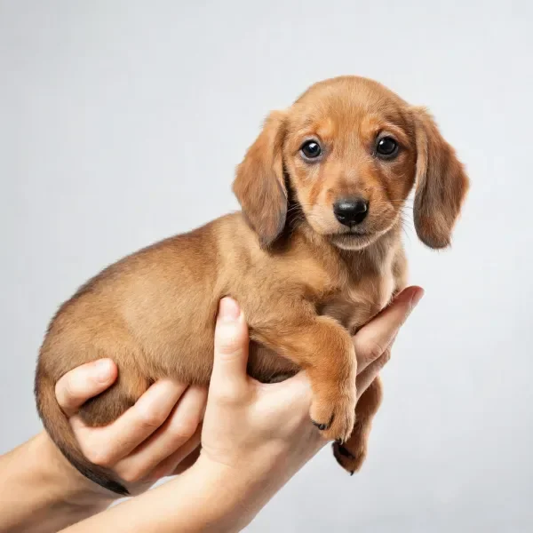 一只有着棕色短毛的腊肠犬幼崽正被人双手托举着,圆眼睛明亮清澈,柔软皮毛在光线中显得格外温顺。
