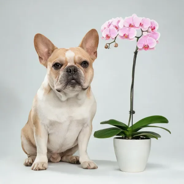 法国斗牛犬安静坐着,浅棕与白色相间的短毛贴附在身体两侧。