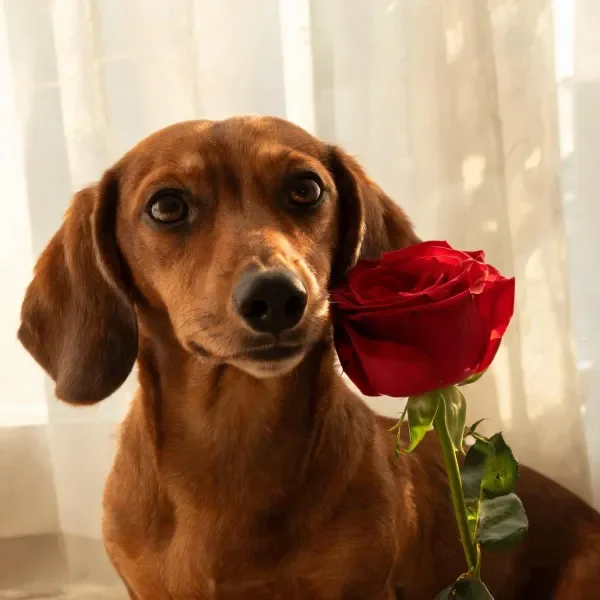 腊肠犬与红玫瑰近距离特写