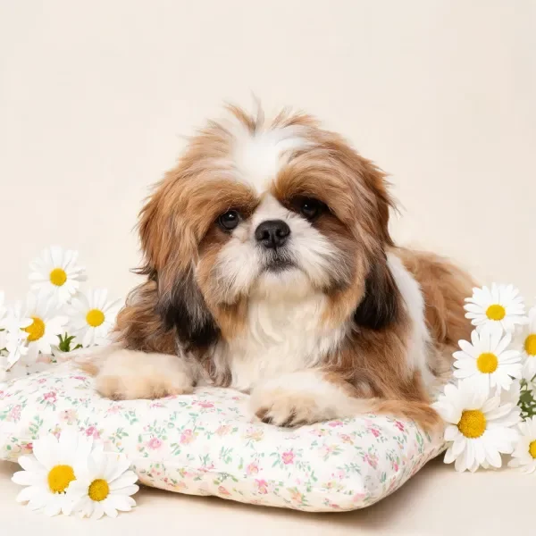 西施犬安静趴卧，棕白相间的毛发清晰可见，周围环绕着白色雏菊。