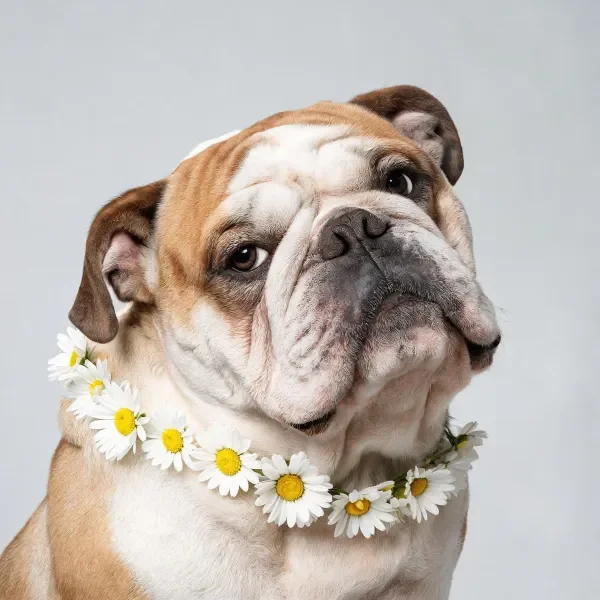 英国斗牛犬戴着由白色雏菊组成的项链,面部有明显的褶皱纹理。
