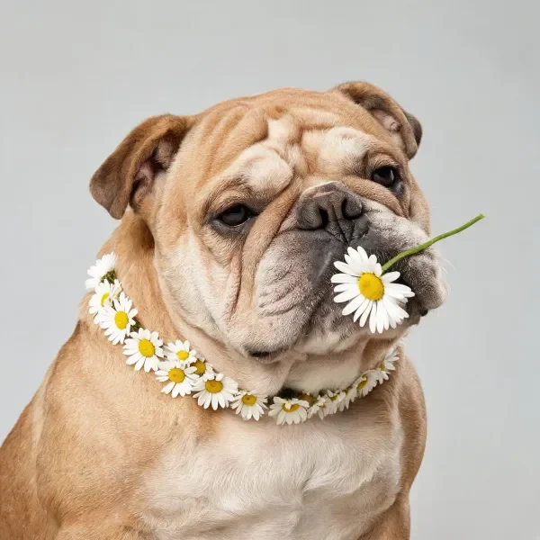 法国斗牛犬嘴里叼着白色雏菊,脖颈处戴着雏菊花环,浅棕色皮毛清晰可见。