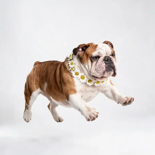 英国斗牛犬佩戴雏菊项链跳跃特写