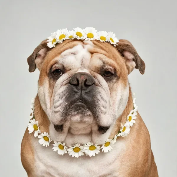 英国斗牛犬佩戴雏菊花饰的特写镜头