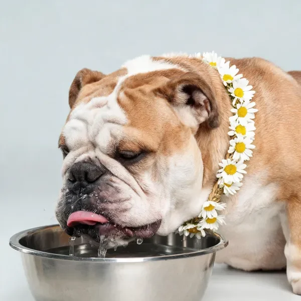 英国斗牛犬饮水时佩戴花饰项圈的特写