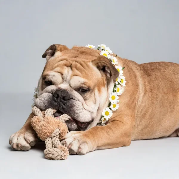英国斗牛犬佩戴花环玩绳玩具的特写