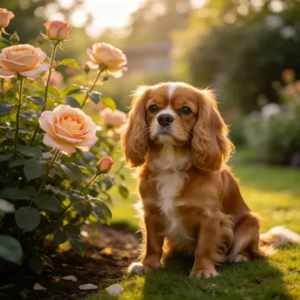 卡瓦利王查理王小猎犬安静坐着,毛发蓬松且有白色斑纹。