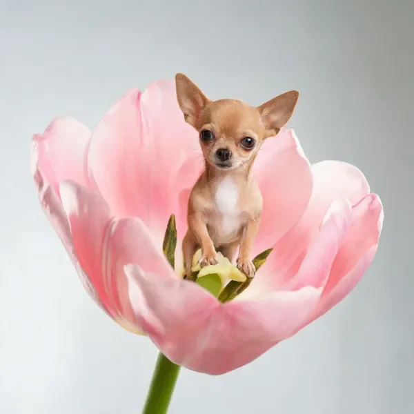 吉娃娃犬安静地坐在盛开的粉色郁金香内部,浅棕色毛发与周围环境形成鲜明对比。