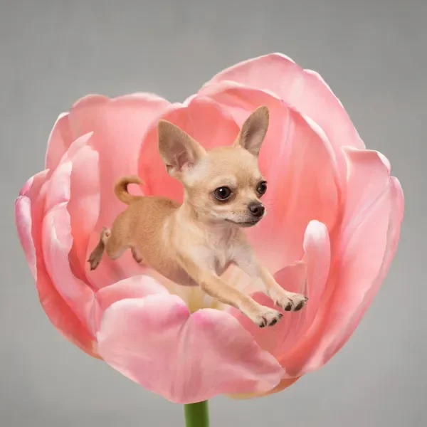 吉娃娃犬浅棕色毛发与粉色郁金香花瓣形成鲜明对比，四肢张开呈现跳跃姿态。