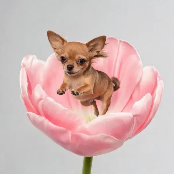 一只吉娃娃犬站在粉色郁金香内,耳朵竖起,身体呈跳跃姿态。
