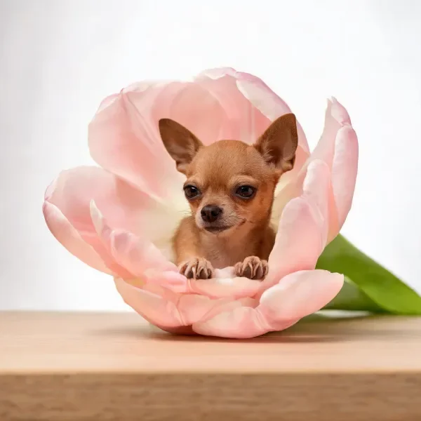 小型吉娃娃犬安静地坐在粉色郁金香内，浅棕色皮毛与花瓣形成鲜明对比，小爪子轻搭在花瓣边缘。