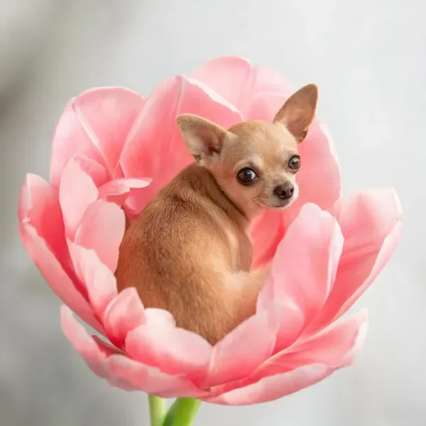 吉娃娃犬蜷缩在粉色郁金香内,浅棕色短毛与柔粉色花瓣形成鲜明对比,耳朵竖起注视前方。