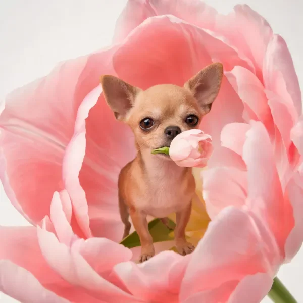 吉娃娃犬嘴里叼着小型粉色花朵,浅棕色毛发与粉色花朵形成色彩对比。