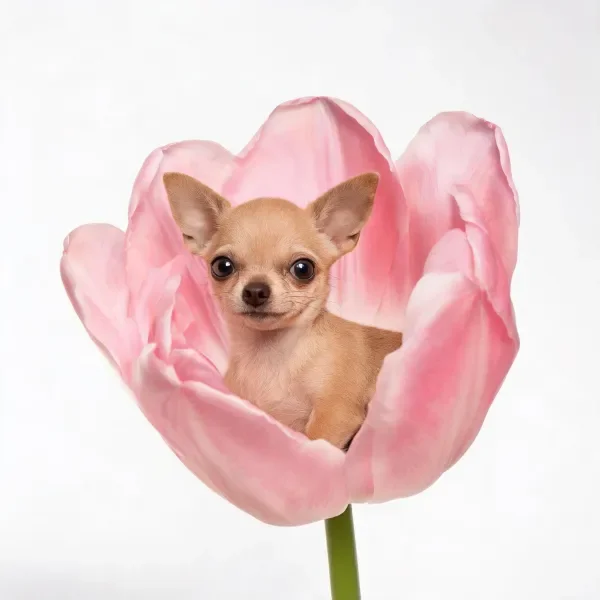 浅棕色短毛吉娃娃犬安静地待粉色郁金香花瓣中央,耳朵竖立,眼神明亮。
