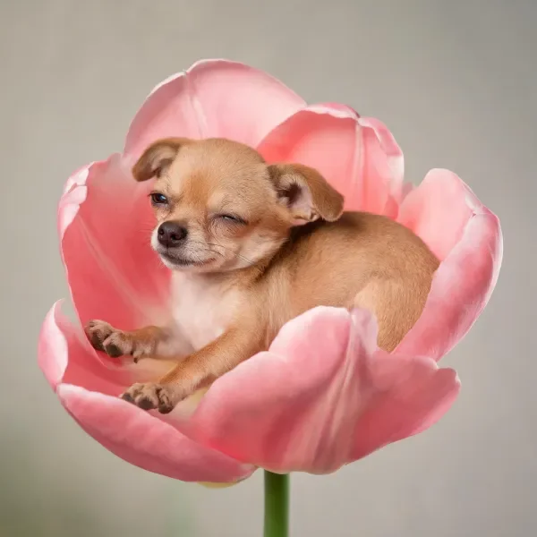 浅棕色短毛吉娃娃犬蜷卧在粉色郁金香花瓣内,耳朵下垂,处于安静休息状态。