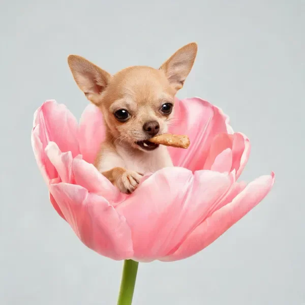 粉色郁金香中吉娃娃犬